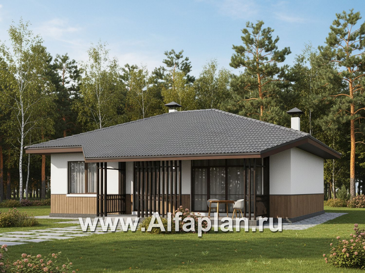 «Белая дача» - красивый проект одноэтажного дома, улучшенная планировка, мастер спальня, 3 спальни и терраса - дизайн дома №2