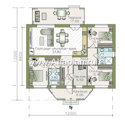 «Белая дача» - красивый проект одноэтажного дома, улучшенная планировка, мастер спальня, 3 спальни и терраса - превью план дома - фото №1