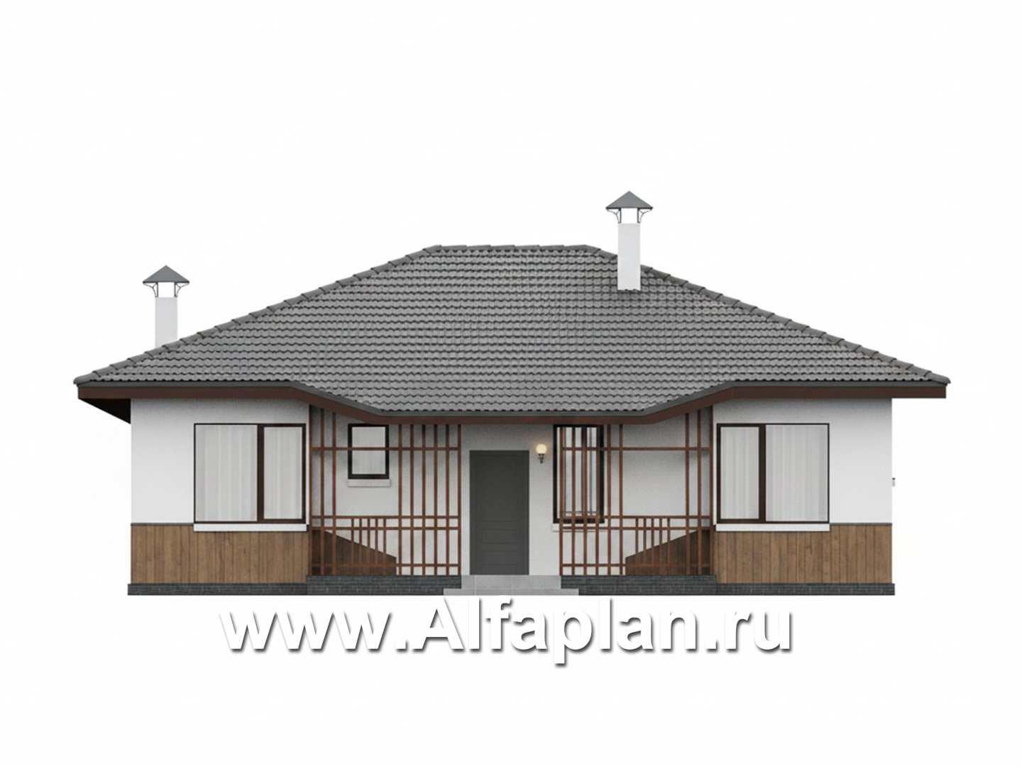 «Белая дача» - красивый проект одноэтажного дома, улучшенная планировка, мастер спальня, 3 спальни и терраса - фасад дома - фото №1