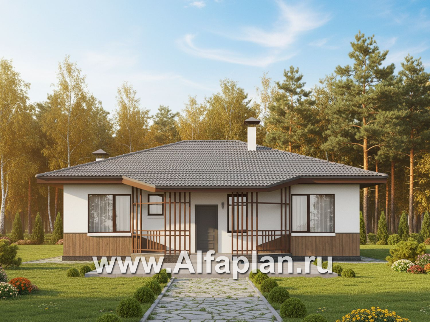 «Белая дача» - красивый проект одноэтажного дома, улучшенная планировка, мастер спальня, 3 спальни и терраса - дизайн дома №1