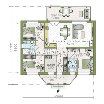 «Белая дача» - красивый проект одноэтажного дома, улучшенная планировка, мастер спальня, 3 спальни и терраса - превью план дома - фото №1