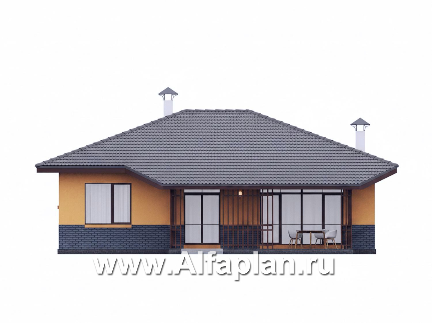 «Дача-777» - красивый проект одноэтажного дома, улучшенная планировка, мастер спальня, 2 спальни, сауна и терраса - фасад дома - фото №3