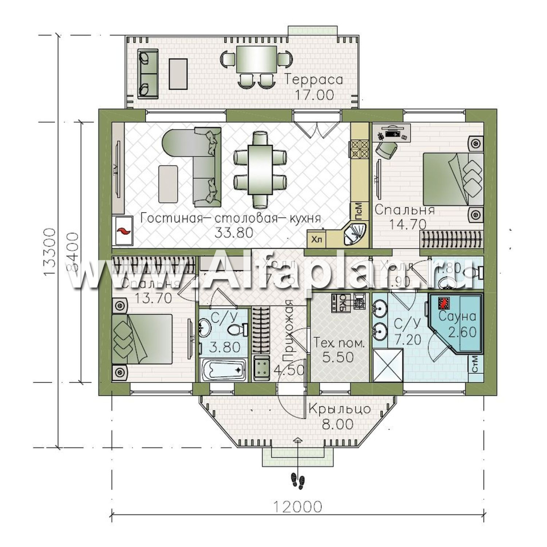 «Дача-777» - красивый проект одноэтажного дома, улучшенная планировка, мастер спальня, 2 спальни, сауна и терраса - план дома - фото №1
