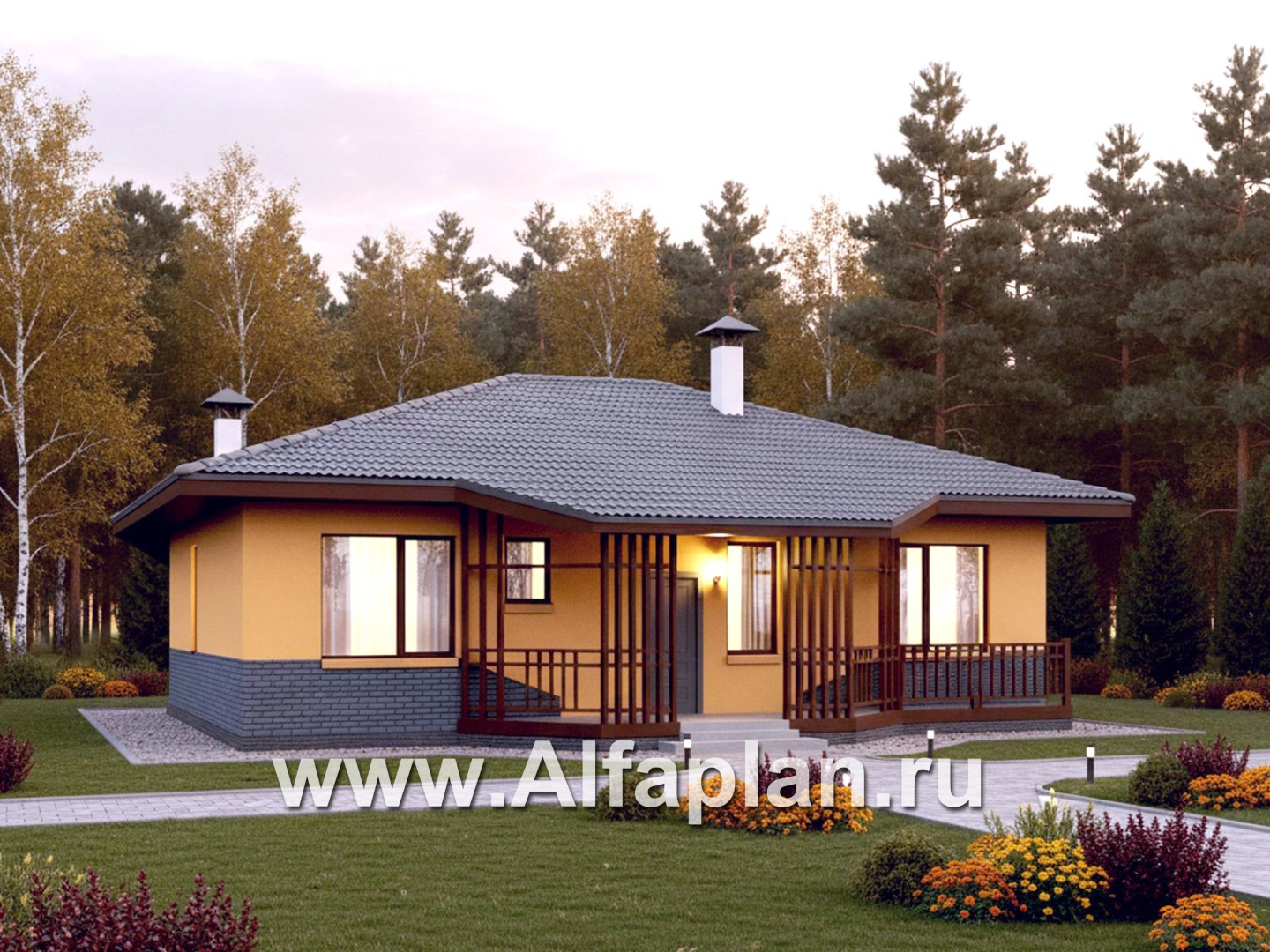 «Дача-777» - красивый проект одноэтажного дома, улучшенная планировка, мастер спальня, 2 спальни, сауна и терраса - основное изображение
