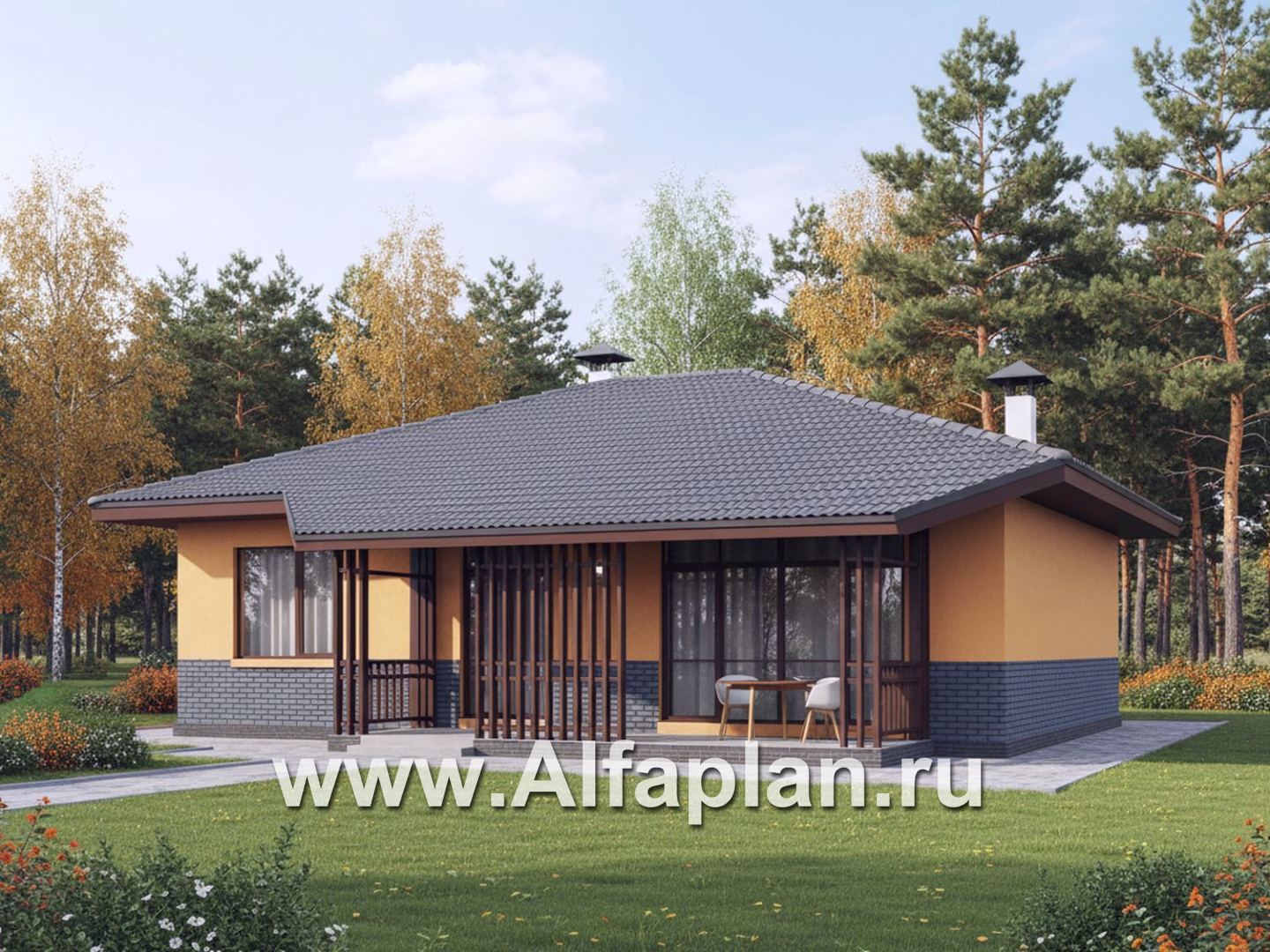 «Дача-777» - красивый проект одноэтажного дома, улучшенная планировка, мастер спальня, 2 спальни, сауна и терраса - дизайн дома №3