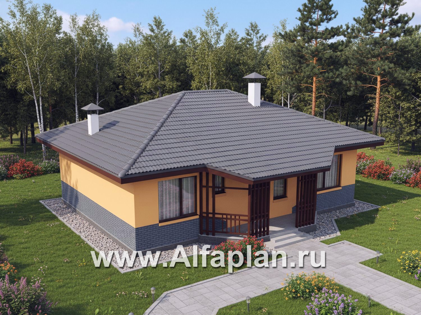 «Дача-777» - красивый проект одноэтажного дома, улучшенная планировка, мастер спальня, 2 спальни, сауна и терраса - дизайн дома №4