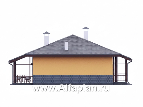 «Дача-777» - красивый проект одноэтажного дома, улучшенная планировка, мастер спальня, 2 спальни, сауна и терраса - превью фасада дома - фото №2