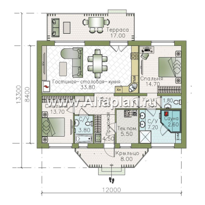 «Дача-777» - красивый проект одноэтажного дома, улучшенная планировка, мастер спальня, 2 спальни, сауна и терраса - превью план дома - фото №1