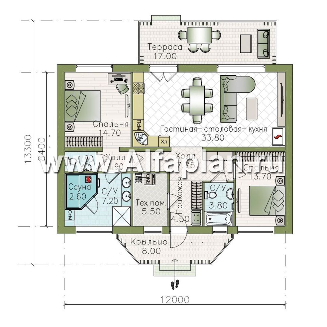 «Дача-777» - красивый проект одноэтажного дома, улучшенная планировка, мастер спальня, 2 спальни, сауна и терраса - план дома - фото №1
