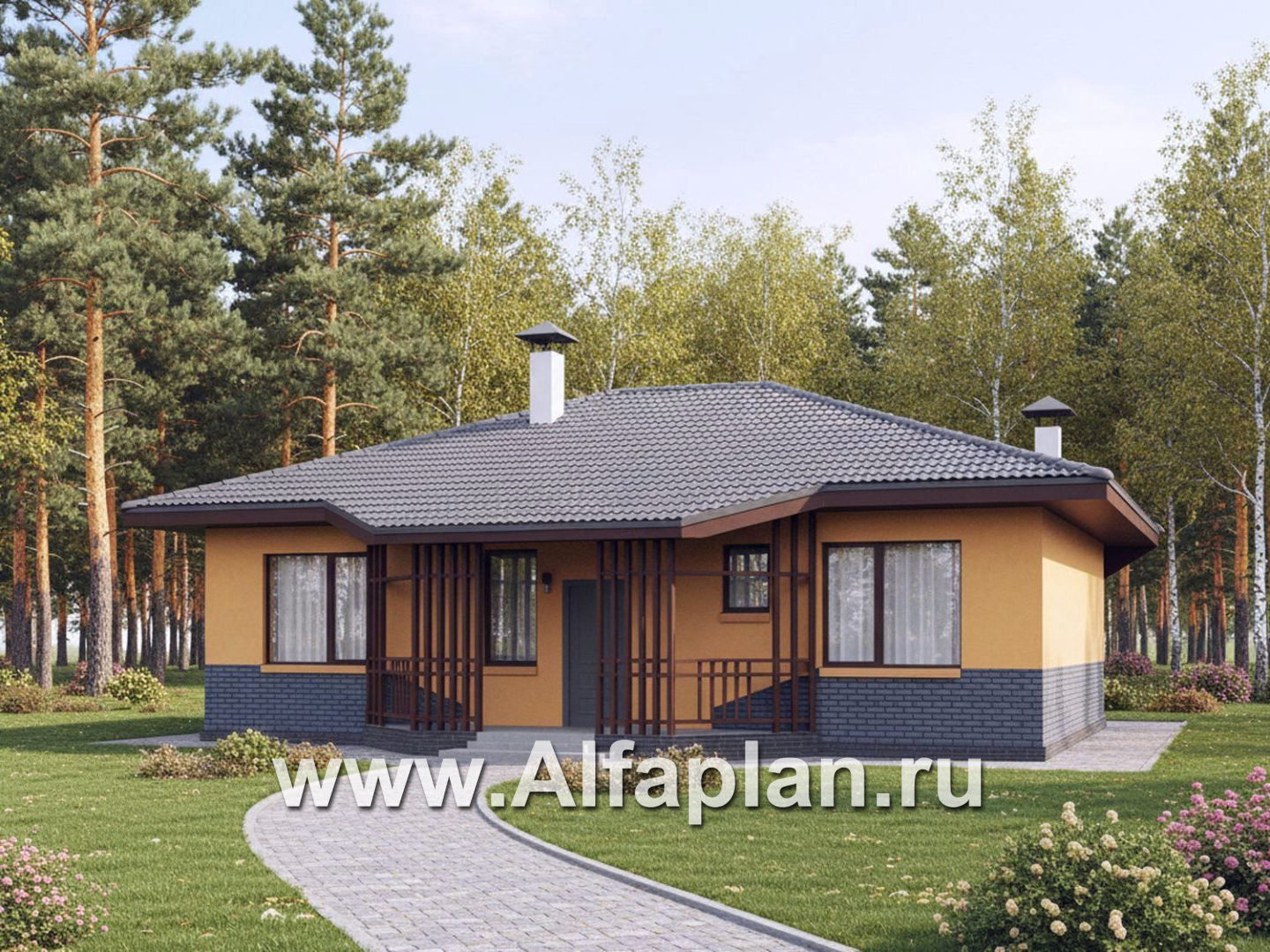 «Дача-777» - красивый проект одноэтажного дома, улучшенная планировка, мастер спальня, 2 спальни, сауна и терраса - основное изображение