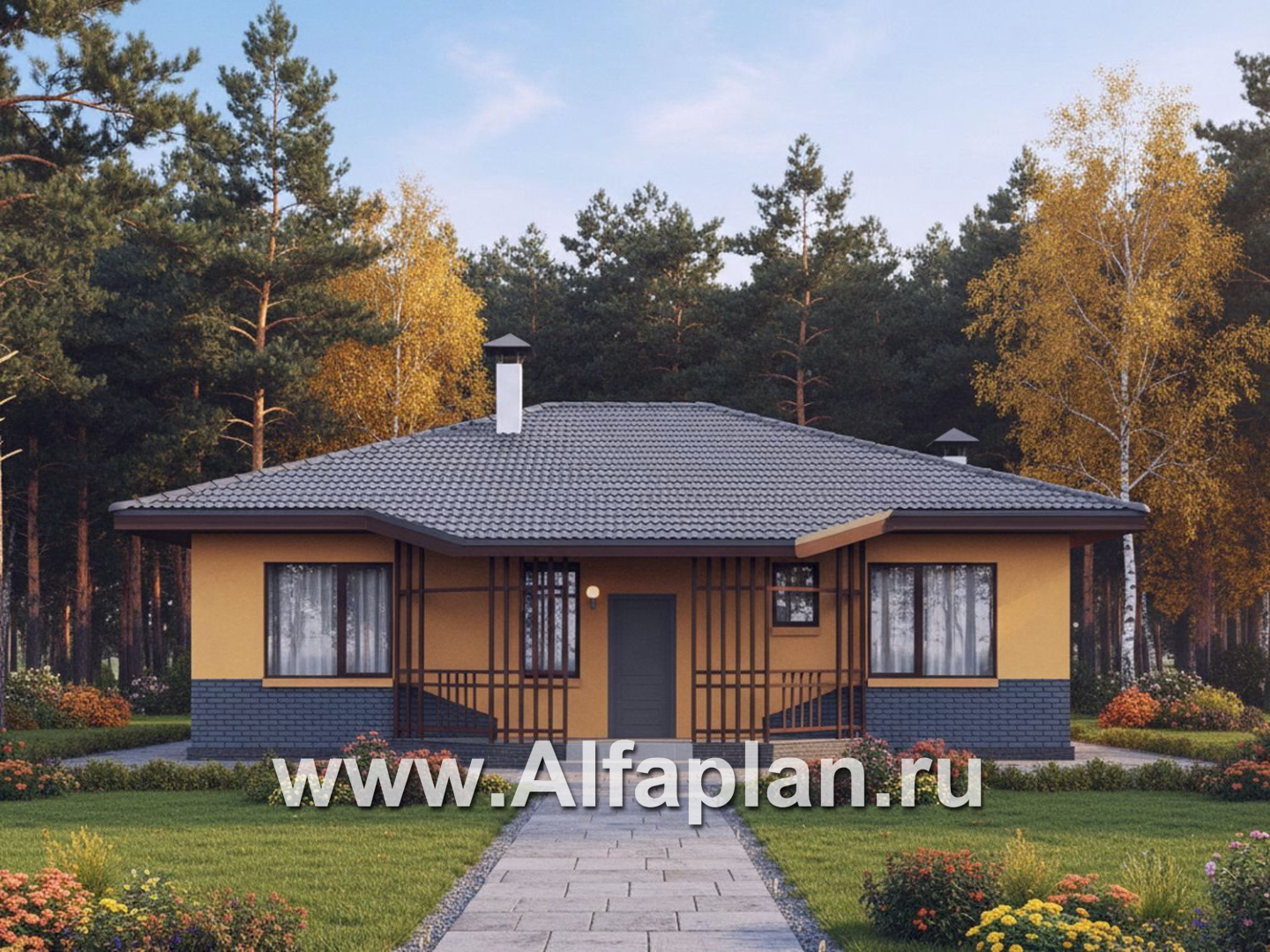 «Дача-777» - красивый проект одноэтажного дома, улучшенная планировка, мастер спальня, 2 спальни, сауна и терраса - дизайн дома №1