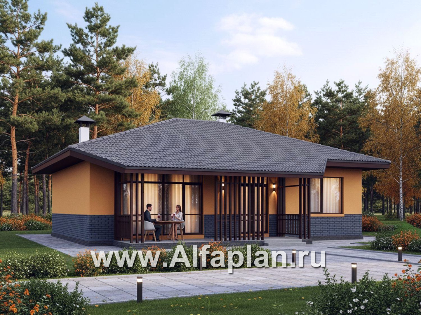 «Дача-777» - красивый проект одноэтажного дома, улучшенная планировка, мастер спальня, 2 спальни, сауна и терраса - дизайн дома №4