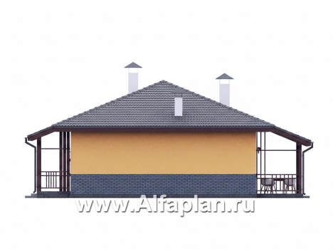 «Дача-777» - красивый проект одноэтажного дома, улучшенная планировка, мастер спальня, 2 спальни, сауна и терраса - превью фасада дома - фото №2