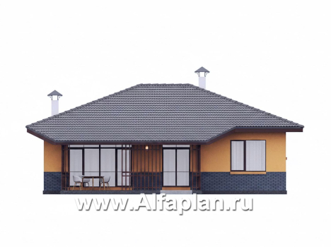 «Дача-777» - красивый проект одноэтажного дома, улучшенная планировка, мастер спальня, 2 спальни, сауна и терраса - превью фасада дома - фото №3