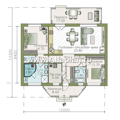 «Дача-777» - красивый проект одноэтажного дома, улучшенная планировка, мастер спальня, 2 спальни, сауна и терраса - превью план дома - фото №1