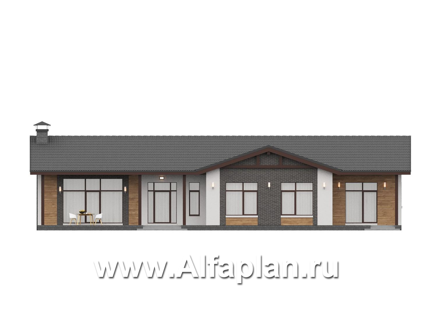 «Прометей» - проект одноэтажного дома c террасой вдоль дома, планировка мастер спальня, 4 спальни, постирочная - фасад дома - фото №1