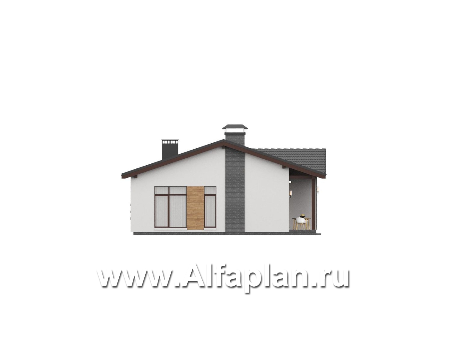 «Прометей» - проект одноэтажного дома c террасой вдоль дома, планировка мастер спальня, 4 спальни, постирочная - фасад дома - фото №2