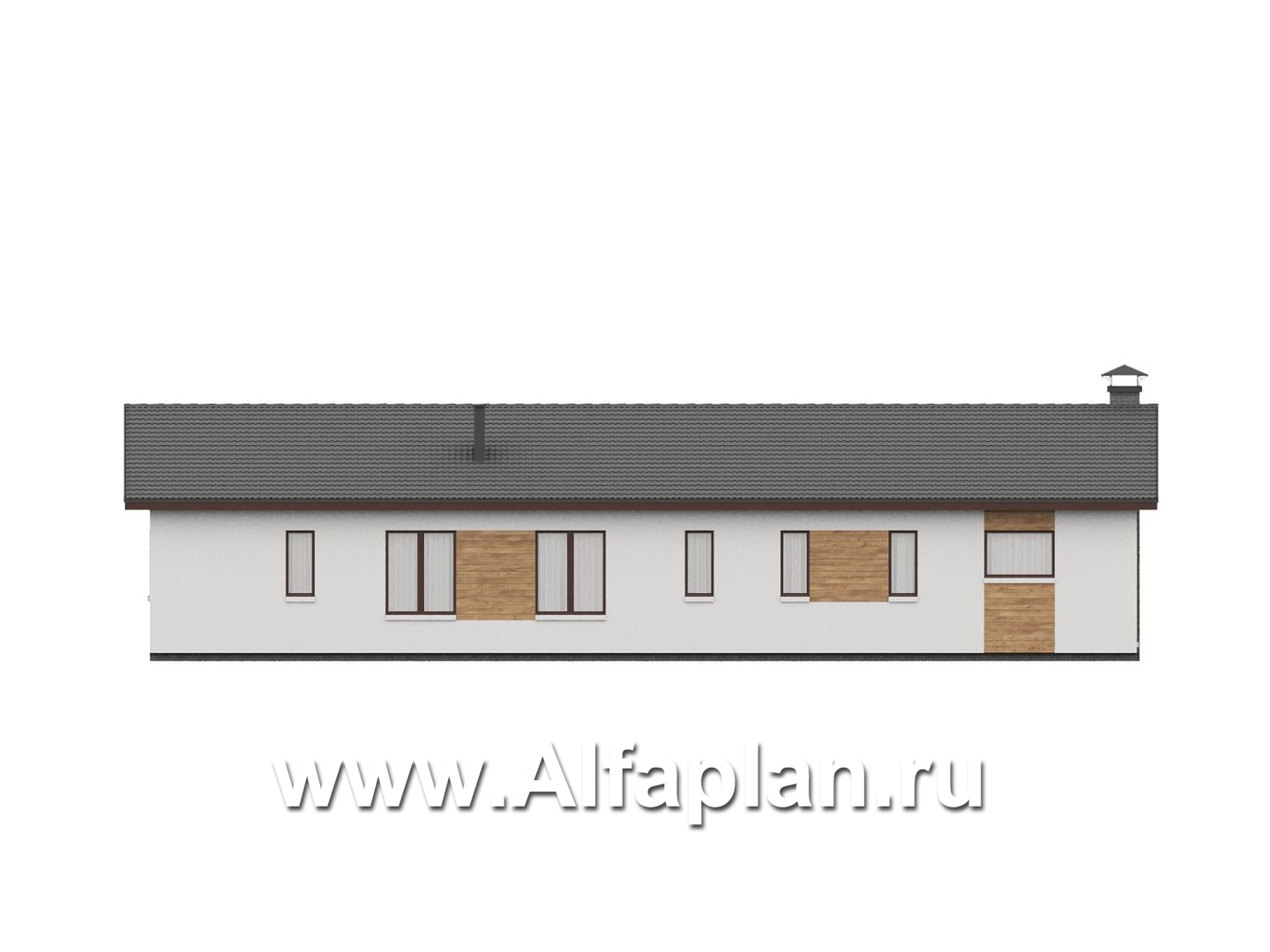 «Прометей» - проект одноэтажного дома c террасой вдоль дома, планировка мастер спальня, 4 спальни, постирочная - фасад дома - фото №3
