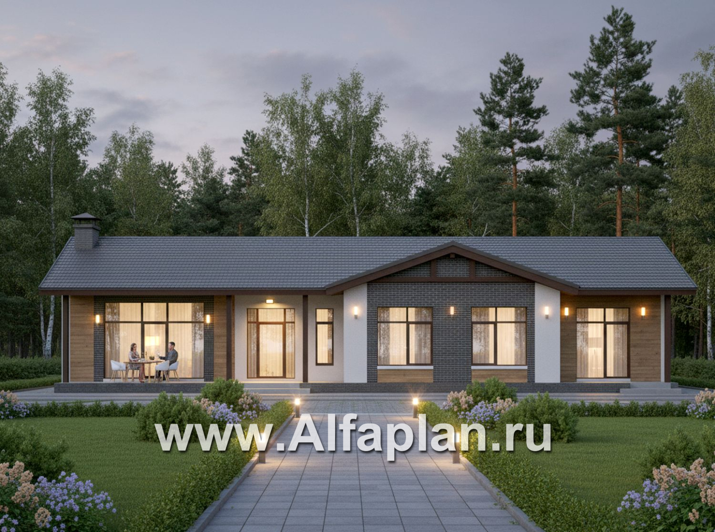 «Прометей» - проект одноэтажного дома c террасой вдоль дома, планировка мастер спальня, 4 спальни, постирочная - дизайн дома №4