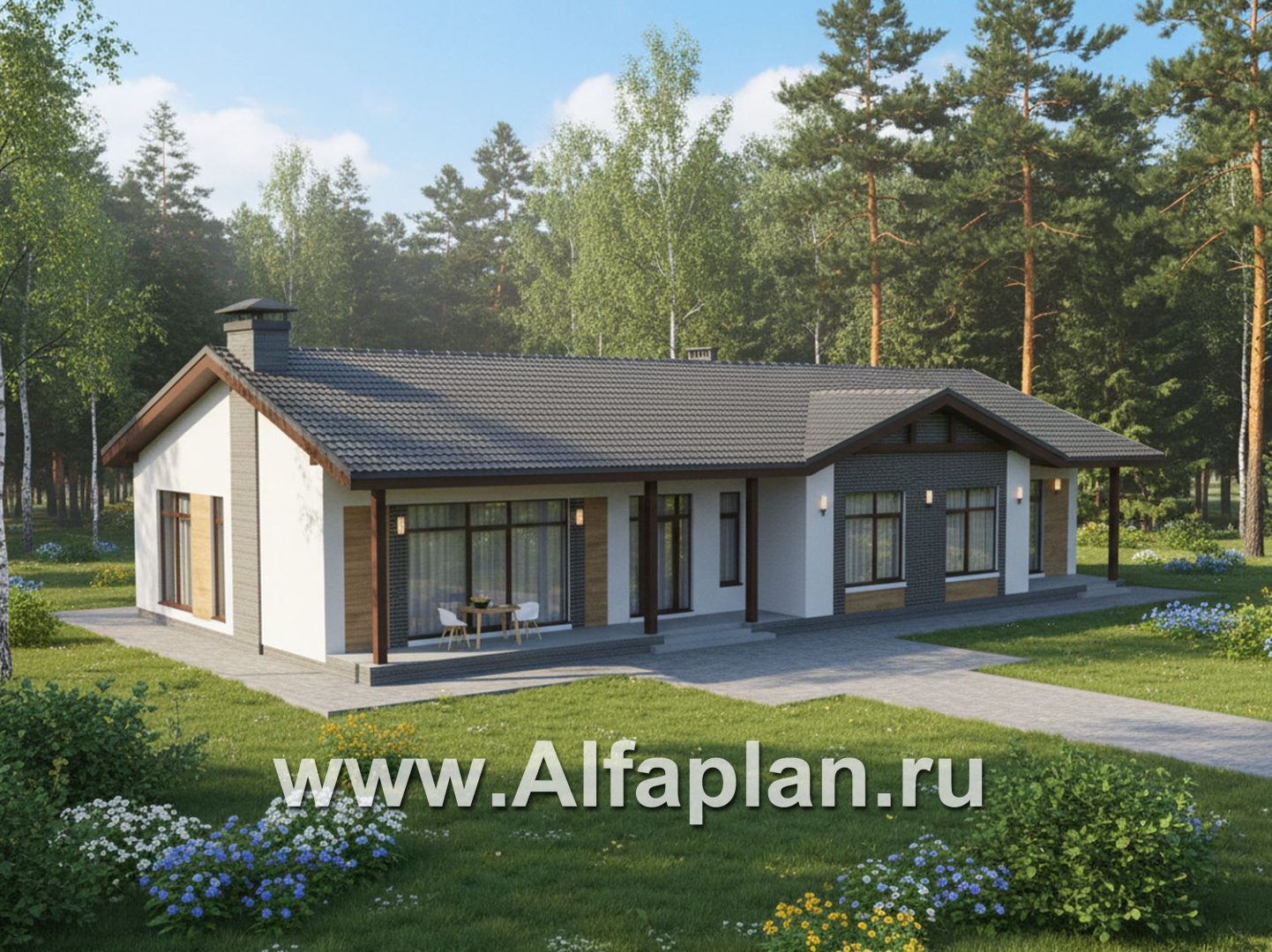 «Прометей» - проект одноэтажного дома c террасой вдоль дома, планировка мастер спальня, 4 спальни, постирочная - дизайн дома №5