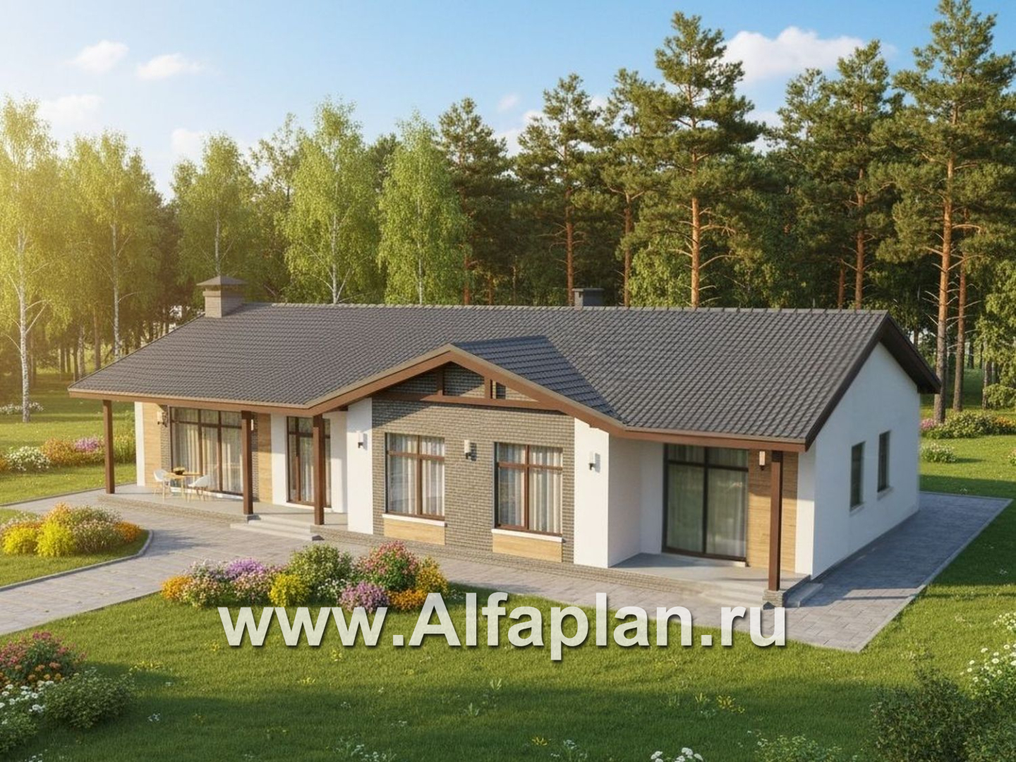 «Прометей» - проект одноэтажного дома c террасой вдоль дома, планировка мастер спальня, 4 спальни, постирочная - дизайн дома №6