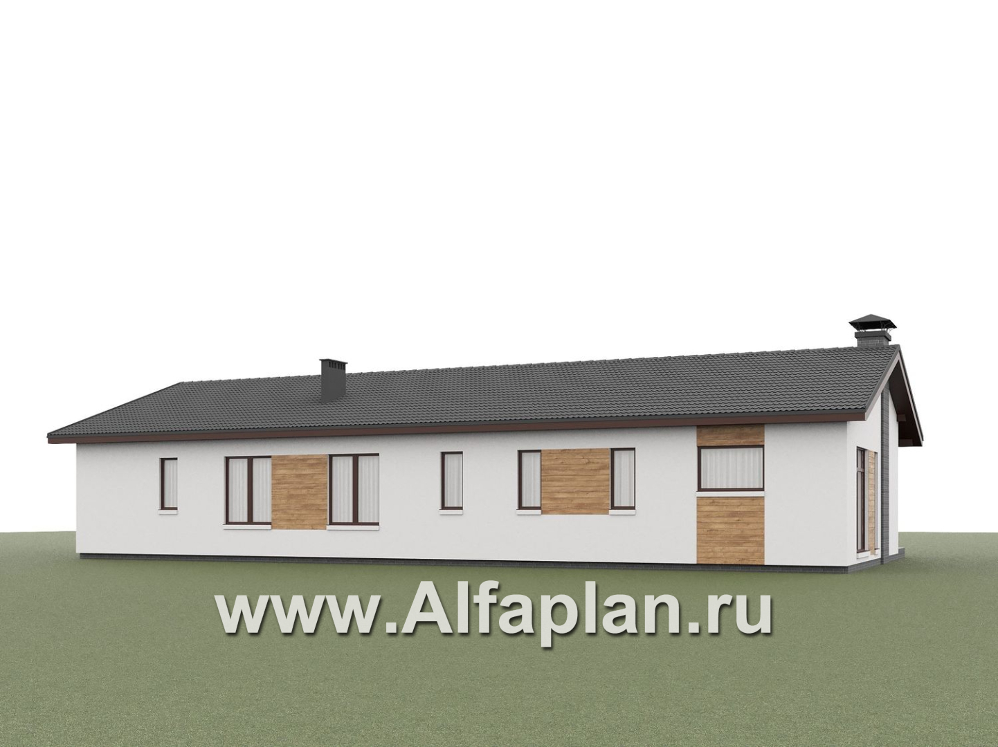 «Прометей» - проект одноэтажного дома c террасой вдоль дома, планировка мастер спальня, 4 спальни, постирочная - дизайн дома №7