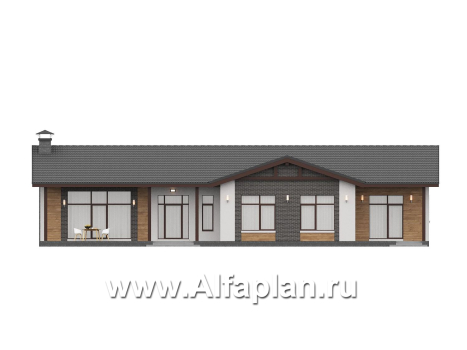 «Прометей» - проект одноэтажного дома c террасой вдоль дома, планировка мастер спальня, 4 спальни, постирочная - превью фасада дома - фото №1