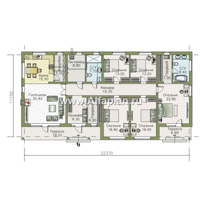 «Прометей» - проект одноэтажного дома c террасой вдоль дома, планировка мастер спальня, 4 спальни, постирочная - превью план дома - фото №1