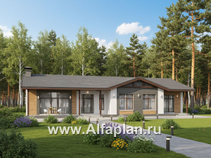 Превью проекта ««Прометей» - проект одноэтажного дома c террасой вдоль дома, планировка мастер спальня, 4 спальни, постирочная»