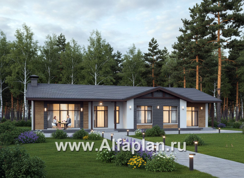 «Прометей» - проект одноэтажного дома c террасой вдоль дома, планировка мастер спальня, 4 спальни, постирочная - превью дополнительного изображения №1