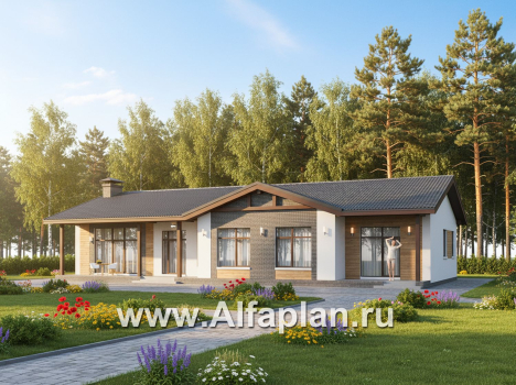 «Прометей» - проект одноэтажного дома c террасой вдоль дома, планировка мастер спальня, 4 спальни, постирочная - превью дополнительного изображения №2