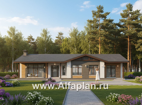 «Прометей» - проект одноэтажного дома c террасой вдоль дома, планировка мастер спальня, 4 спальни, постирочная - превью дополнительного изображения №3