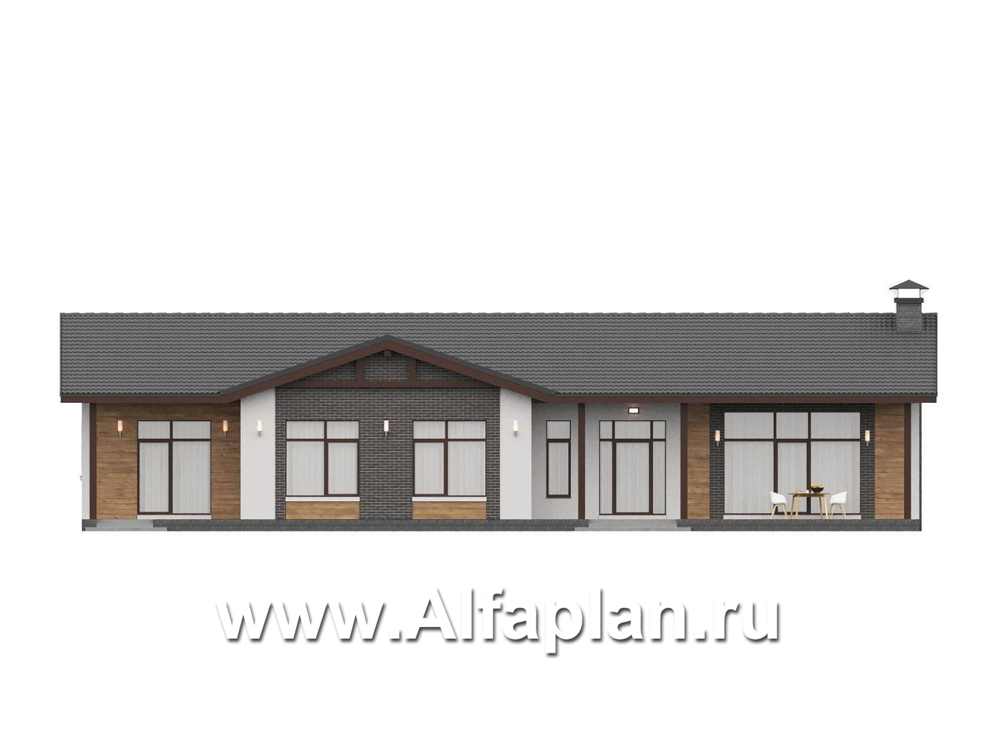 «Прометей» - проект одноэтажного дома c террасой вдоль дома, планировка мастер спальня, 4 спальни, постирочная - фасад дома - фото №1