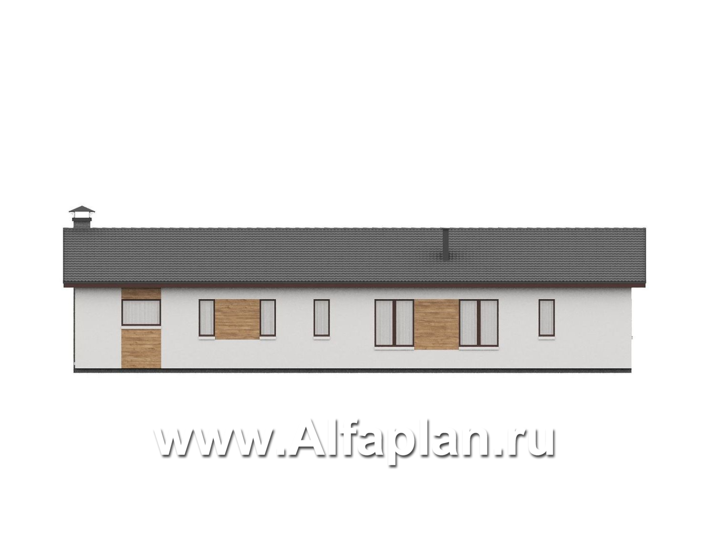 «Прометей» - проект одноэтажного дома c террасой вдоль дома, планировка мастер спальня, 4 спальни, постирочная - фасад дома - фото №3