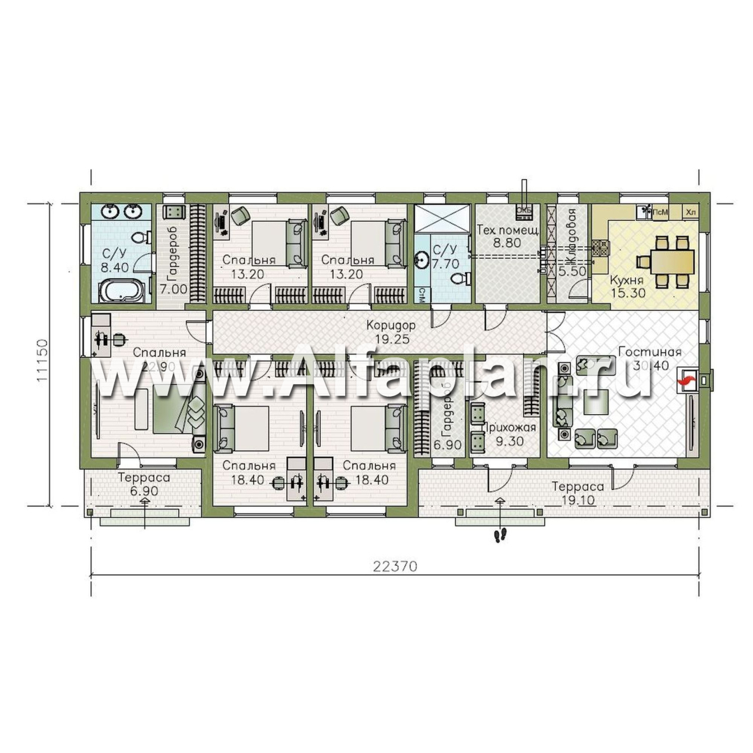 «Прометей» - проект одноэтажного дома c террасой вдоль дома, планировка мастер спальня, 4 спальни, постирочная - план дома - фото №1