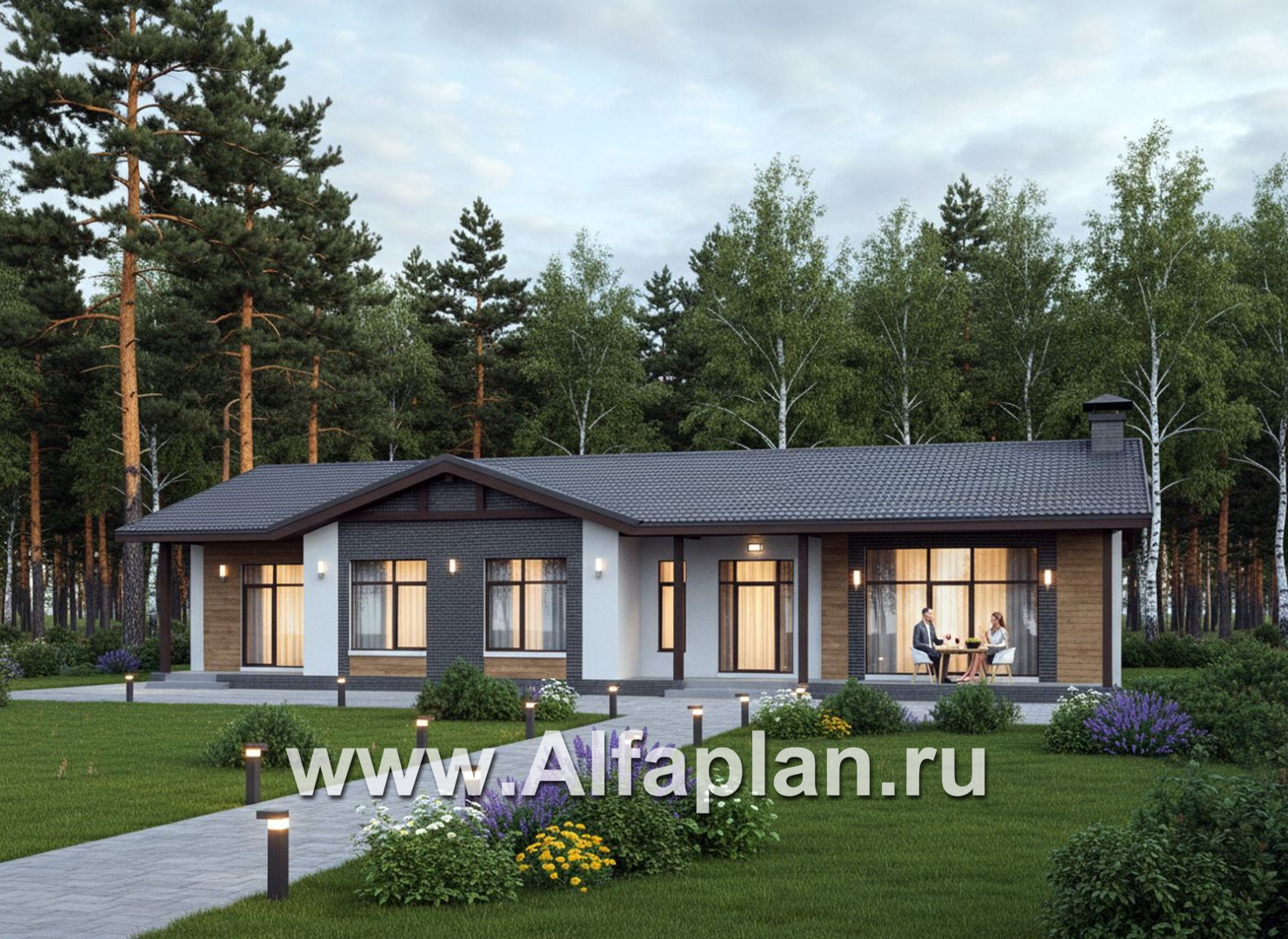 «Прометей» - проект одноэтажного дома c террасой вдоль дома, планировка мастер спальня, 4 спальни, постирочная - дизайн дома №1