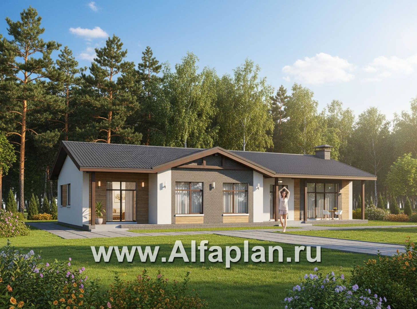 «Прометей» - проект одноэтажного дома c террасой вдоль дома, планировка мастер спальня, 4 спальни, постирочная - дизайн дома №2