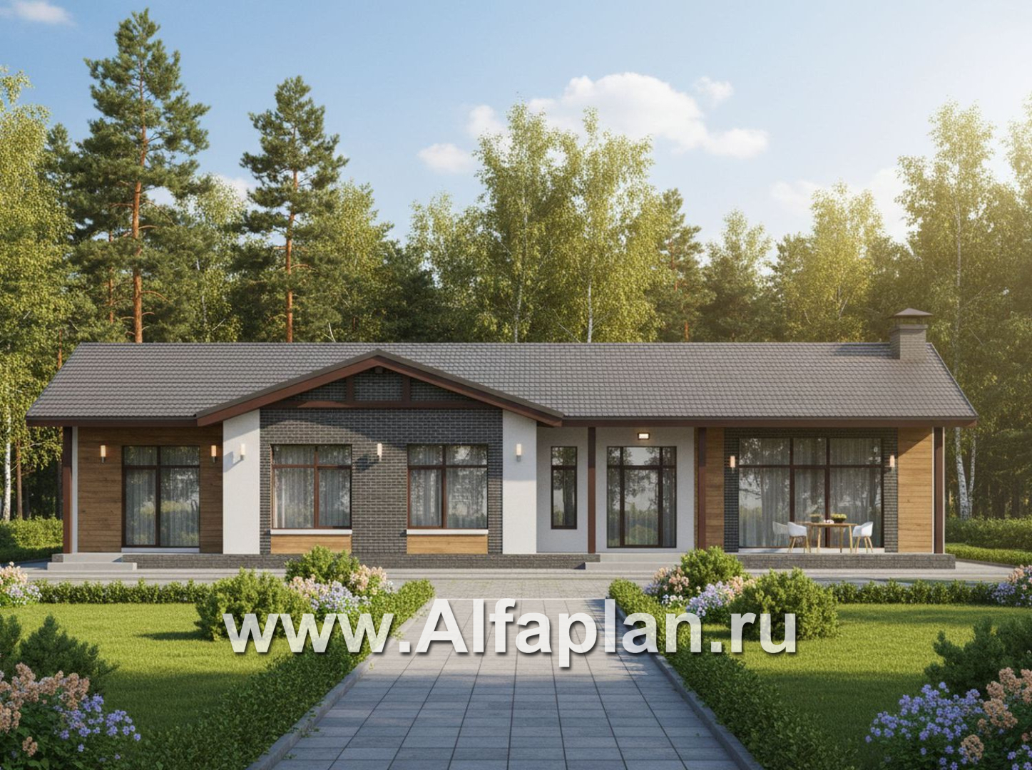 «Прометей» - проект одноэтажного дома c террасой вдоль дома, планировка мастер спальня, 4 спальни, постирочная - дизайн дома №3