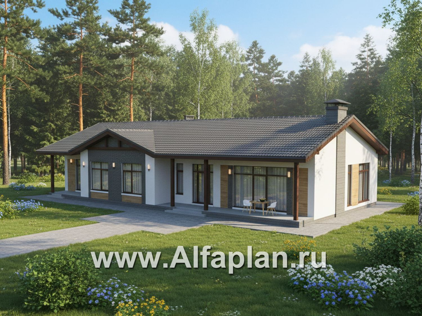 «Прометей» - проект одноэтажного дома c террасой вдоль дома, планировка мастер спальня, 4 спальни, постирочная - дизайн дома №5