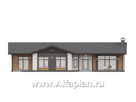 «Прометей» - проект одноэтажного дома c террасой вдоль дома, планировка мастер спальня, 4 спальни, постирочная - превью фасада дома - фото №1