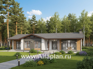 «Прометей» - проект одноэтажного дома c террасой вдоль дома, планировка мастер спальня, 4 спальни, постирочная