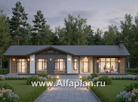 «Прометей» - проект одноэтажного дома c террасой вдоль дома, планировка мастер спальня, 4 спальни, постирочная - превью дополнительного изображения №4