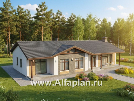 «Прометей» - проект одноэтажного дома c террасой вдоль дома, планировка мастер спальня, 4 спальни, постирочная - превью дополнительного изображения №6