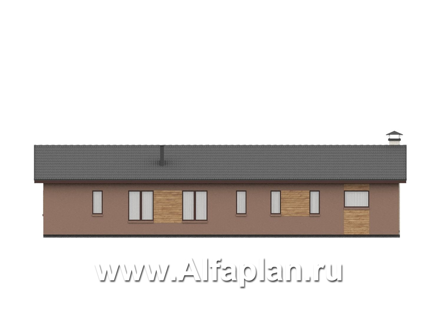 «Прометей» - проект одноэтажного дома c террасой вдоль дома, планировка мастер спальня, 4 ОДИНАКОВЫХ детских спальни, постирочная - фасад дома - фото №3