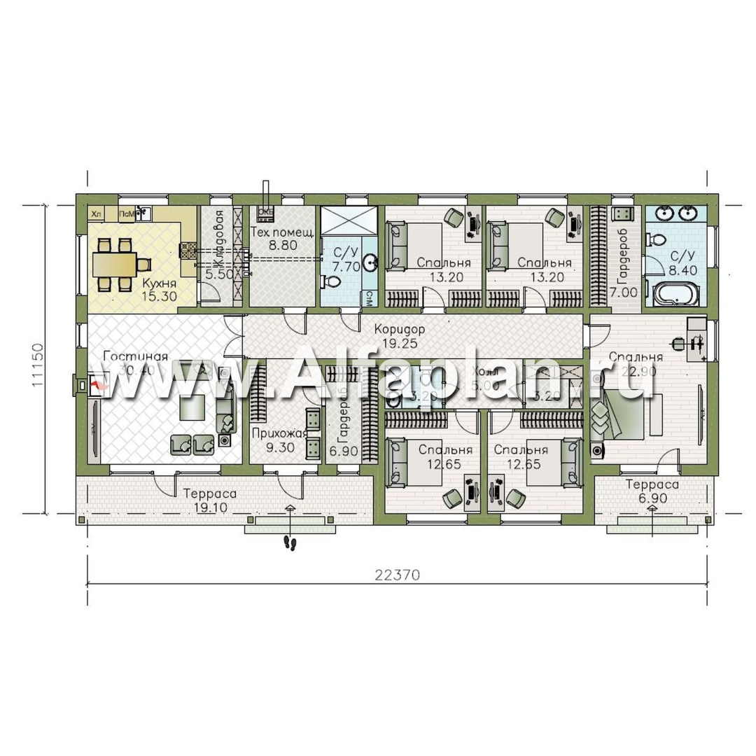 «Прометей» - проект одноэтажного дома c террасой вдоль дома, планировка мастер спальня, 4 ОДИНАКОВЫХ детских спальни, постирочная - план дома - фото №1