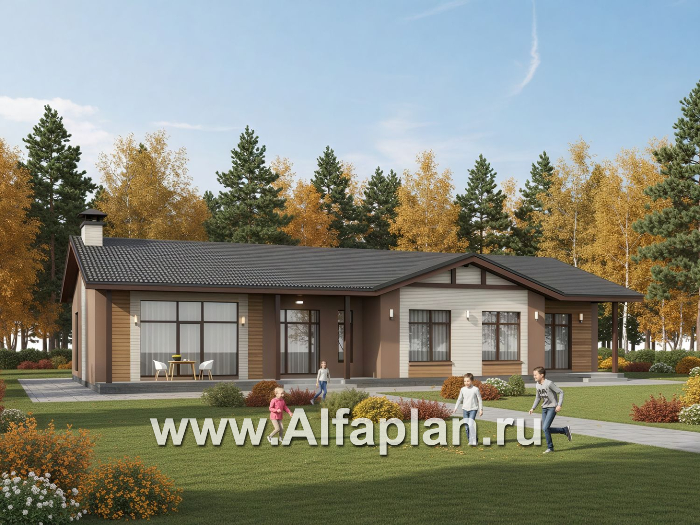 «Прометей» - проект одноэтажного дома c террасой вдоль дома, планировка мастер спальня, 4 ОДИНАКОВЫХ детских спальни, постирочная - дизайн дома №1