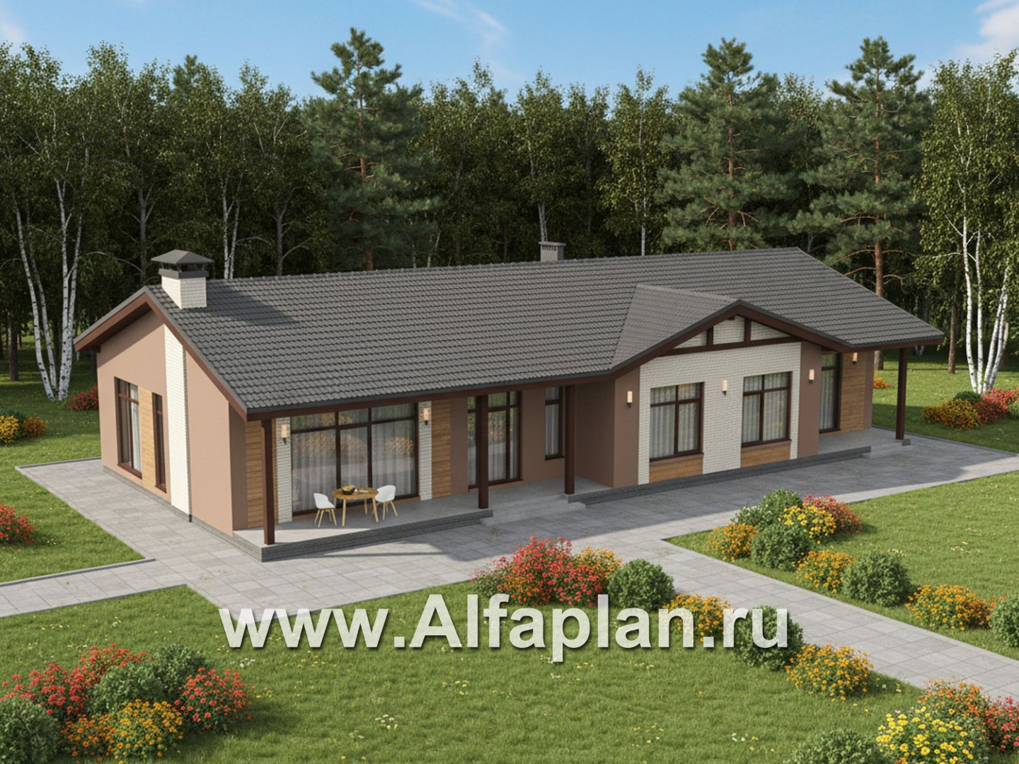 «Прометей» - проект одноэтажного дома c террасой вдоль дома, планировка мастер спальня, 4 ОДИНАКОВЫХ детских спальни, постирочная - дизайн дома №4