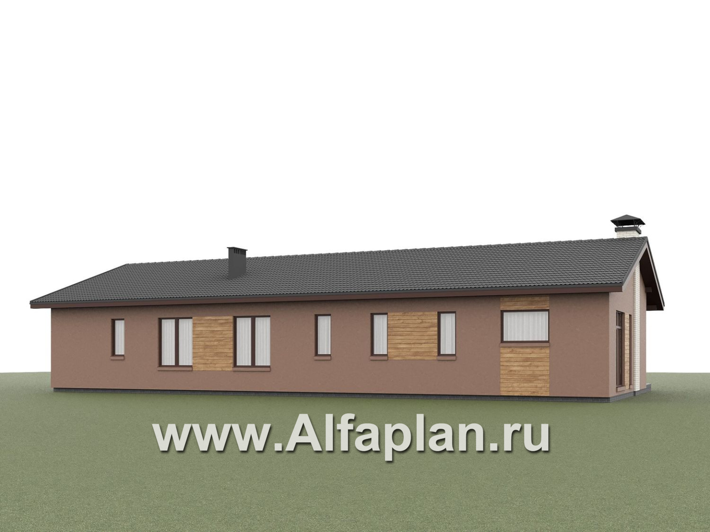 «Прометей» - проект одноэтажного дома c террасой вдоль дома, планировка мастер спальня, 4 ОДИНАКОВЫХ детских спальни, постирочная - дизайн дома №5