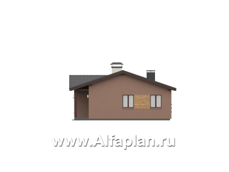 «Прометей» - проект одноэтажного дома c террасой вдоль дома, планировка мастер спальня, 4 ОДИНАКОВЫХ детских спальни, постирочная - превью фасада дома - фото №4