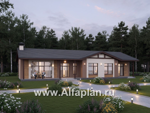 Превью проекта ««Прометей» - проект одноэтажного дома c террасой вдоль дома, планировка мастер спальня, 4 ОДИНАКОВЫХ детских спальни, постирочная»